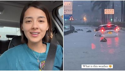 將軍澳暴雨｜謝嘉怡風雨不改揸車返TVB開工 直擊前車輪軚被淹沒