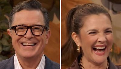 Drew Barrymore flusters Stephen Colbert after his wife compares his flirting to a bull: "Masculine, horny"