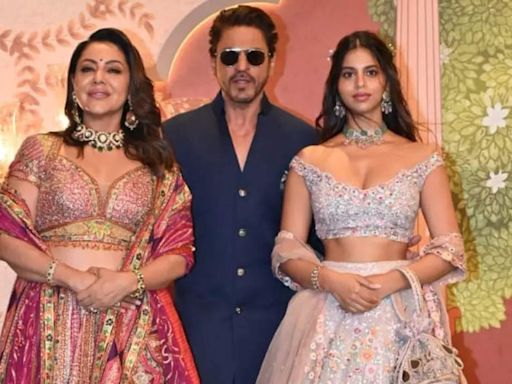 Shah Rukh Khan strikes a royal pose with his lovely ladies, wife Gauri and daughter Suhana at Anant Ambani and Radhika Merchant's Shubh Aashirwad...