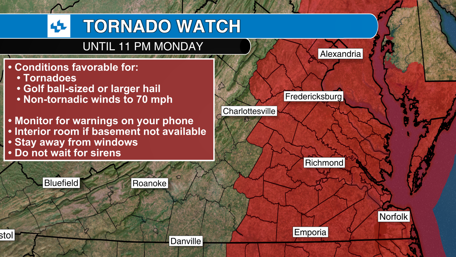 Tornado Watch for much of Virginia on Monday evening