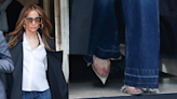 Jennifer Lopez Casually Sports Stuart Weitzman PVC Pumps While Walking Through the Streets of Paris