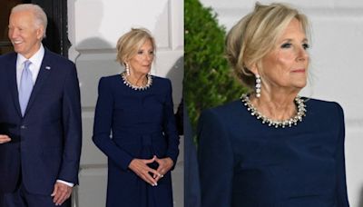 Jill Biden Brings Bling and Blue Together in Jenny Packham Knotted Midi Dress for NATO Summit 2024 Dinner at White House
