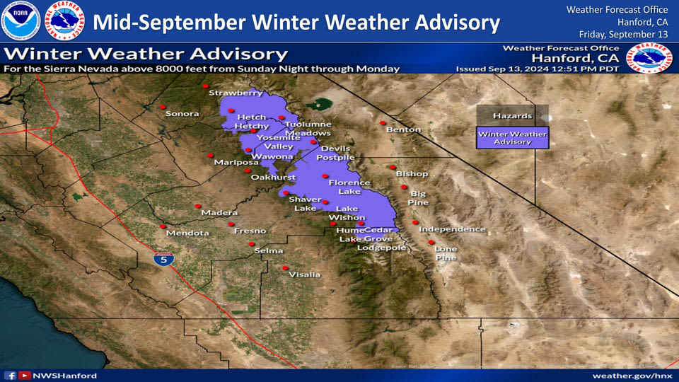 Winter Weather Advisory Begins Sunday Evening, September 15, for the Sierra Nevada and Yosemite National Park Above 8,000 Feet