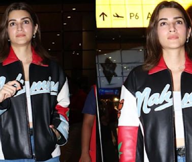 Kriti Sanon embraces biker girl aesthetic with multicoloured leather jacket priced at Rs 2.08 lakh paired with flared denim jeans