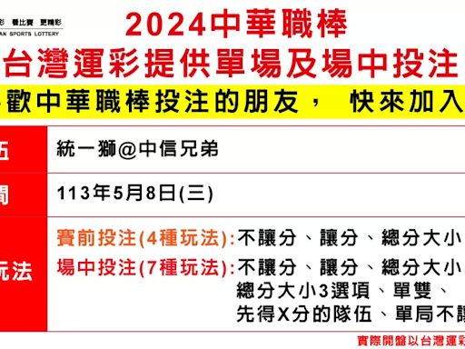 運彩》2024中華職棒賽季 台灣運彩單場及場中首發來了！