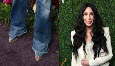 Cher Rings in Summer in Bedazzled Denim Platform Espadrilles at a Tristan Schukraft Event in West Hollywood