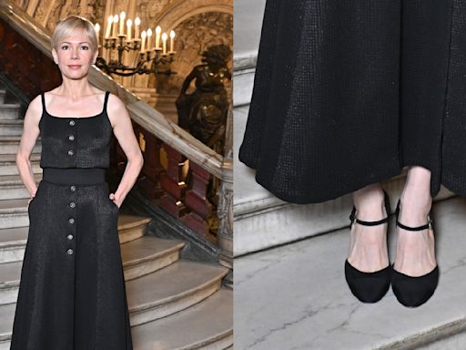 Michelle Williams Channels Effortless French Style in Black Chanel Mary Jane Heels at Paris Fashion Week