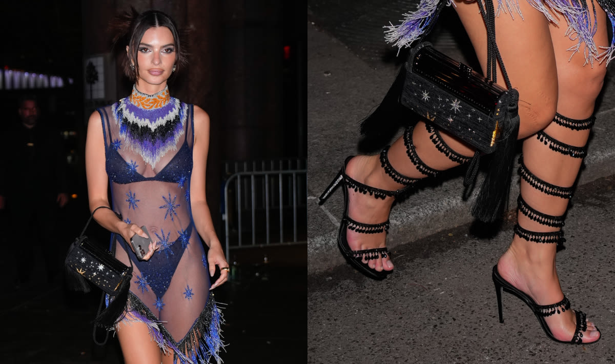 Emily Ratajkowski’s René Caovilla Chandelier Sandals Get a Color Update for the Met Gala Afterparty Scene