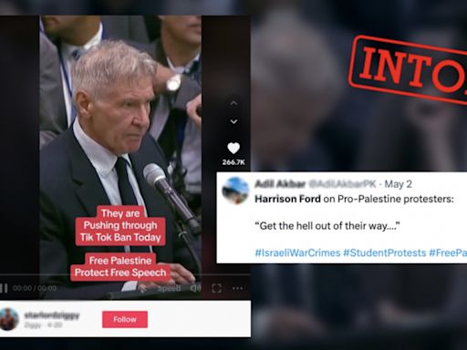 No, Harrison Ford didn’t give a speech in support of pro-Palestinian protestors