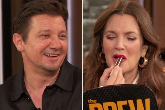 Jeremy Renner gives Drew Barrymore lipstick advice while recalling his days working at a cosmetics counter