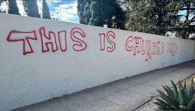 "This is Chumash Land" spray-painted near Old Mission Santa Barbara