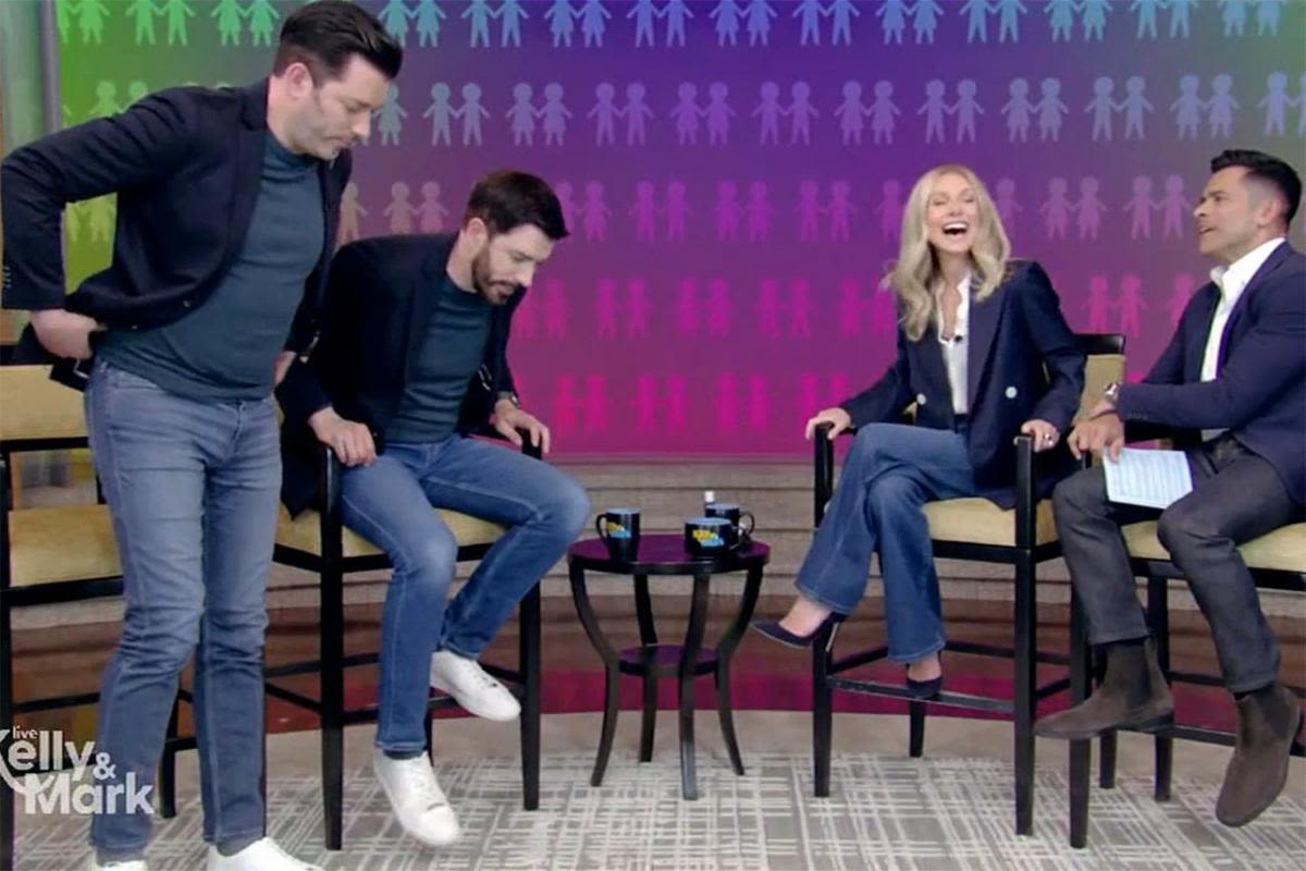 The 'Property Brothers' spice up 'Live with Kelly and Mark' by jokingly insinuating that the only way to tell them apart is by their penis size