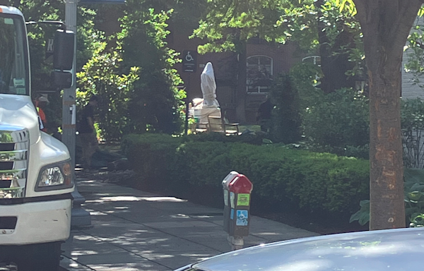 George Washington statue at namesake DC school left defaced for days now covered up after Dem mayor takes heat