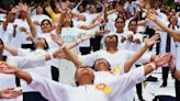 Schoolchildren practice asanas virtually