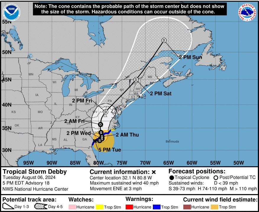 Tropical Storm Debby's path moves west. Here's how Delaware is impacted