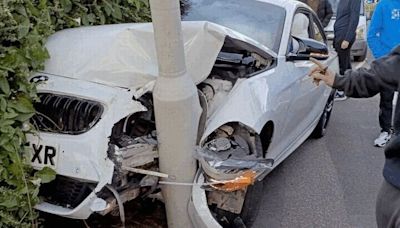 BMW wrecked after crashing into lamppost in Marsh Mills