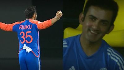 Gautam Gambhir snaps out of poker face, can’t hide his excitement after Rinku Singh picks maiden T20I wicket vs SL