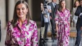 Queen Letizia of Spain Favors Floral Maximalism in Carolina Herrera Shirtdress With Vibrant Prints for Barcelona City Hall Meeting