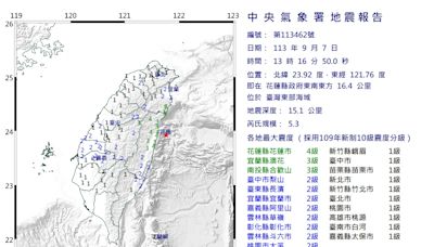 地震！花蓮外海規模5.3 最大震度4級 台北明顯搖晃