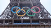 Olympic rings mounted on the Eiffel Tower ahead of Summer Games