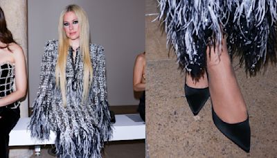 Avril Lavigne Styles Tweed and Ostrich Feather Dress With Glossy Pumps at Tamara Ralph Show During Paris Fashion Week