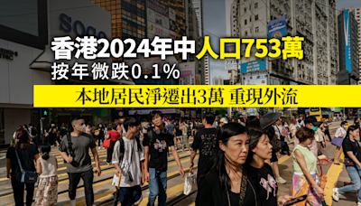 港人口753萬按年微跌0.1% 本地居民淨遷出3萬 重現外流