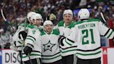 The Dallas Stars' Logan Stankoven celebrates with teammates after scoring a goal against the Colorado...series at Ball Arena on Saturday, May 11, 2024, in Denver.