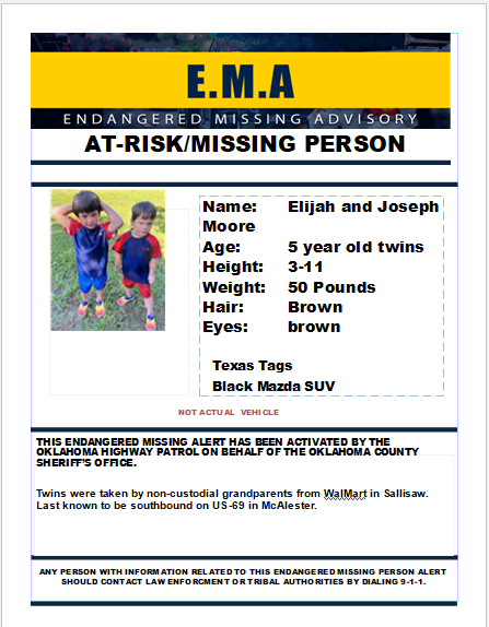 OHP issues alert for missing 5-year-old twins last seen in Sallisaw