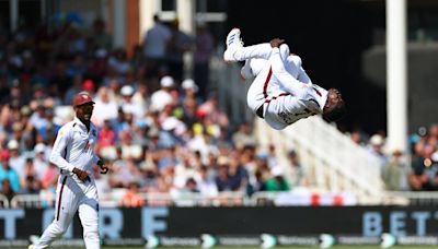 Kevin Sinclair celebrates wicket of Harry Brook with stunning BACKFLIP