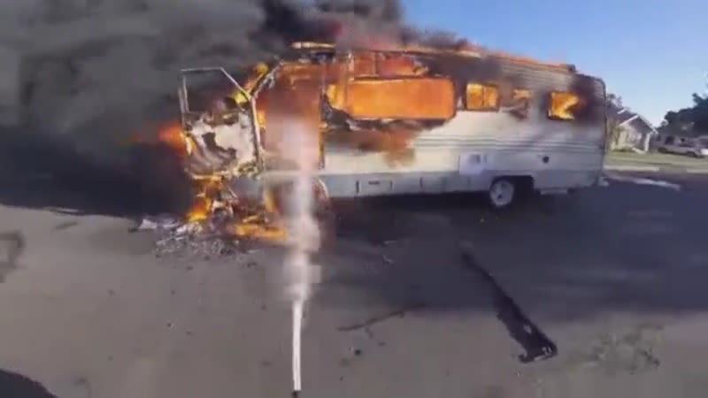 WATCH: RV destroyed by fire in central Fresno