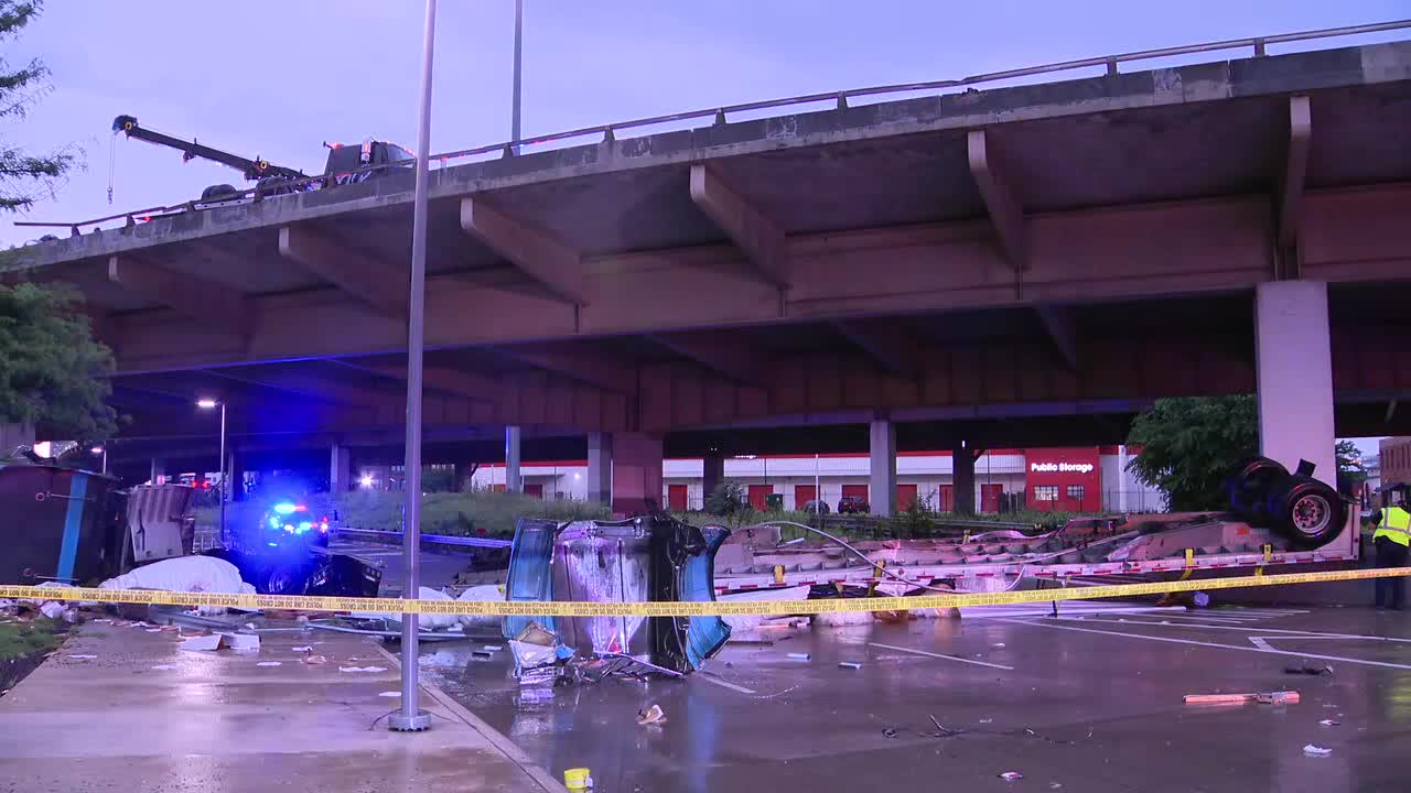 18-wheeler hangs from overpass in Downtown Dallas