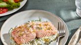 Poached salmon with zucchini tzatziki is an easy but impressive dish