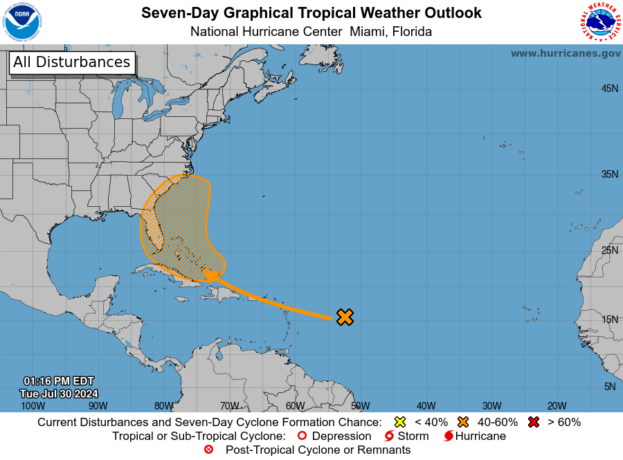 National Hurricane Center tracking system with 60% chance of developing. See Florida impact