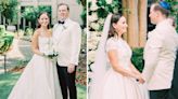 A bride's custom wedding dress included a removable bodice that turned into the perfect top for her after-party look