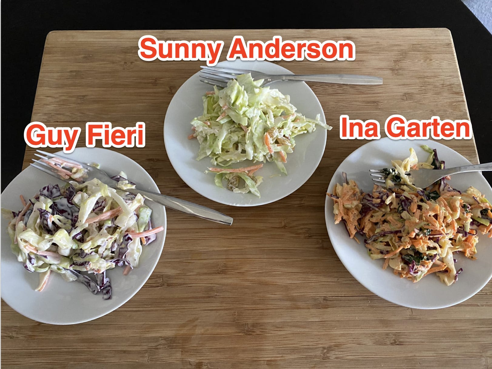 I tried coleslaw recipes from Guy Fieri, Ina Garten, and Sunny Anderson, and the best one called for raisins and apples