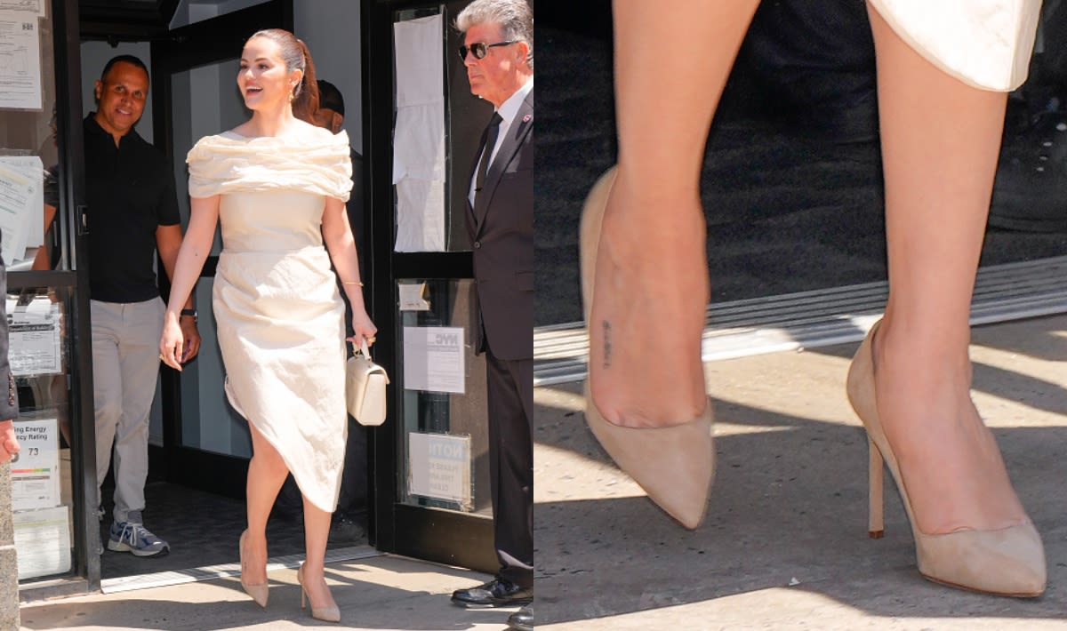 Selena Gomez Wears Beige Manolo Blahnik Suede Shoes at Rare Beauty Event in New York