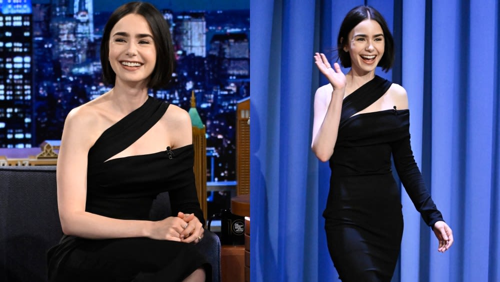 Lily Collins Gives the Little Black Dress an Asymmetric Spin for ‘Jimmy Fallon’ Appearance, Talks ‘Emily in Paris’