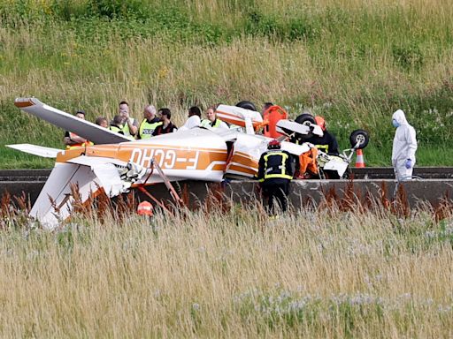 Plane crashes on motorway outside Paris after colliding with power cables