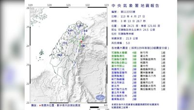 快訊／又搖了！03:13花蓮地震規模5 最大震度4級