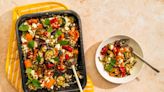 Roasted Mediterranean vegetables with feta and warm grains recipe