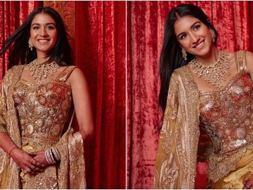 Anant Ambani reception: Radhika Merchant dazzles in glamorous gold ensemble by Dolce & Gabbana, Anamika Khanna