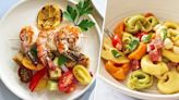 Italian summer salads: Antipasto tortellini and panzanella with grilled shrimp