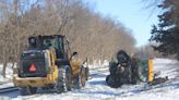 Freight train demolishes snow plow stuck on the tracks on LaPorte's west side