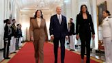 U.S. President Joe Biden, with Vice President Kamala Harris and Nikki Fargas, president of Las Vegas Aces, arrive to welcome the Las Vegas...