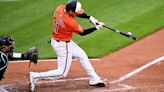 Jordan Westburg of the Baltimore Orioles hits a single in the ninth inning against the Arizona Diamondbacks at Oriole Park at Camden Yards on Saturday, May 11, 2024, in Baltimore.