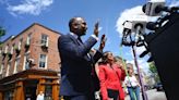 Thiru Vignarajah, left, announces his exit from the mayoral campaign and his endorsement of Sheila Dixon, right, during news conference in Baltimore's Fells Point neighborhood.