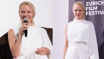 Pamela Anderson Favors Fringe in One-shoulder Oscar de la Renta Blouse and Matching Trousers at 2024 Zurich Film Festival, Promotes...