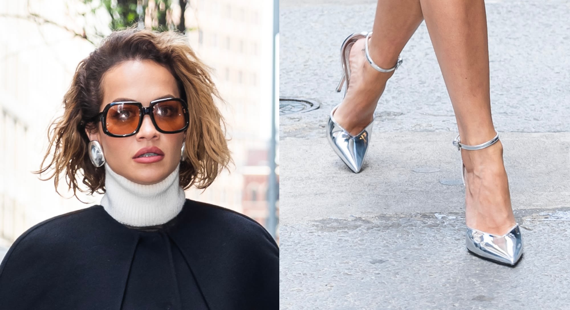 Rita Ora Hops on Metallic Trend With Mirrored, Pointy-Toe Shoes in Tribeca