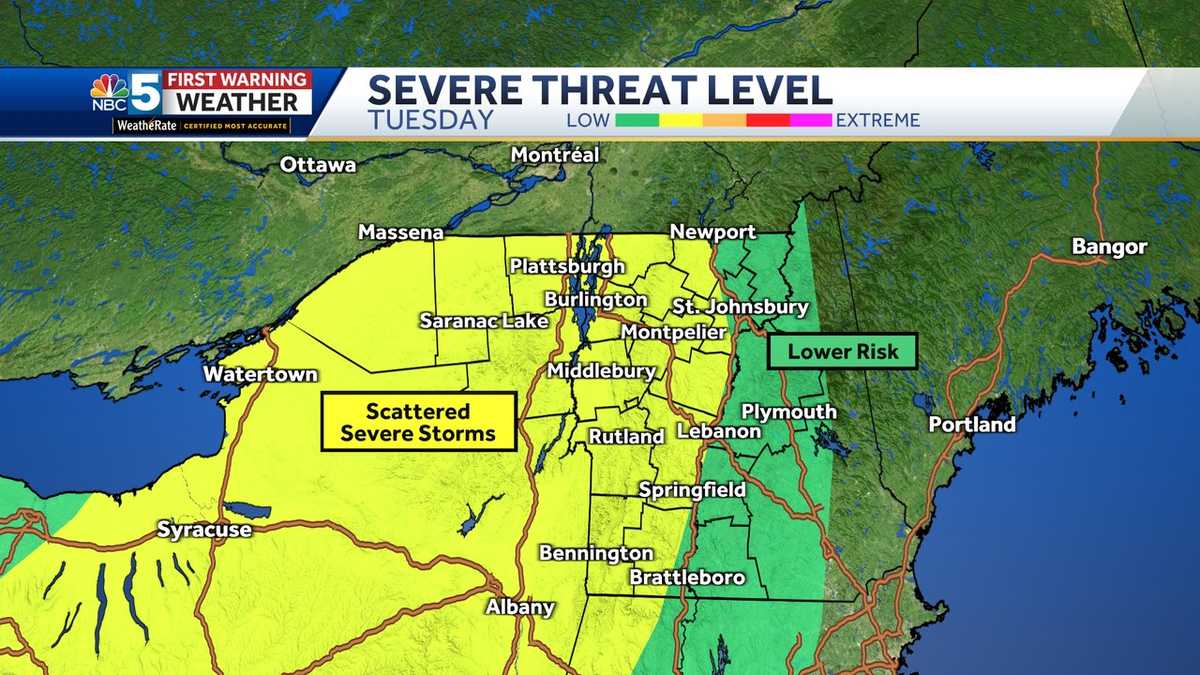 Localized flash flooding, low tornado risk in Vermont, New York on Tuesday