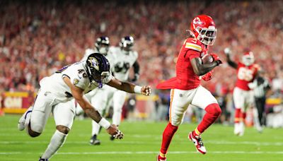 Xavier Worthy's 1st touch in the NFL goes for a touchdown in Chiefs-Ravens (video)